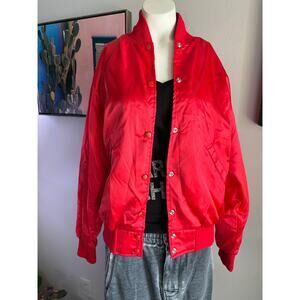 Vintage Red Satin Bomber Jacket Birdie Snap Front Varsity Style Size L